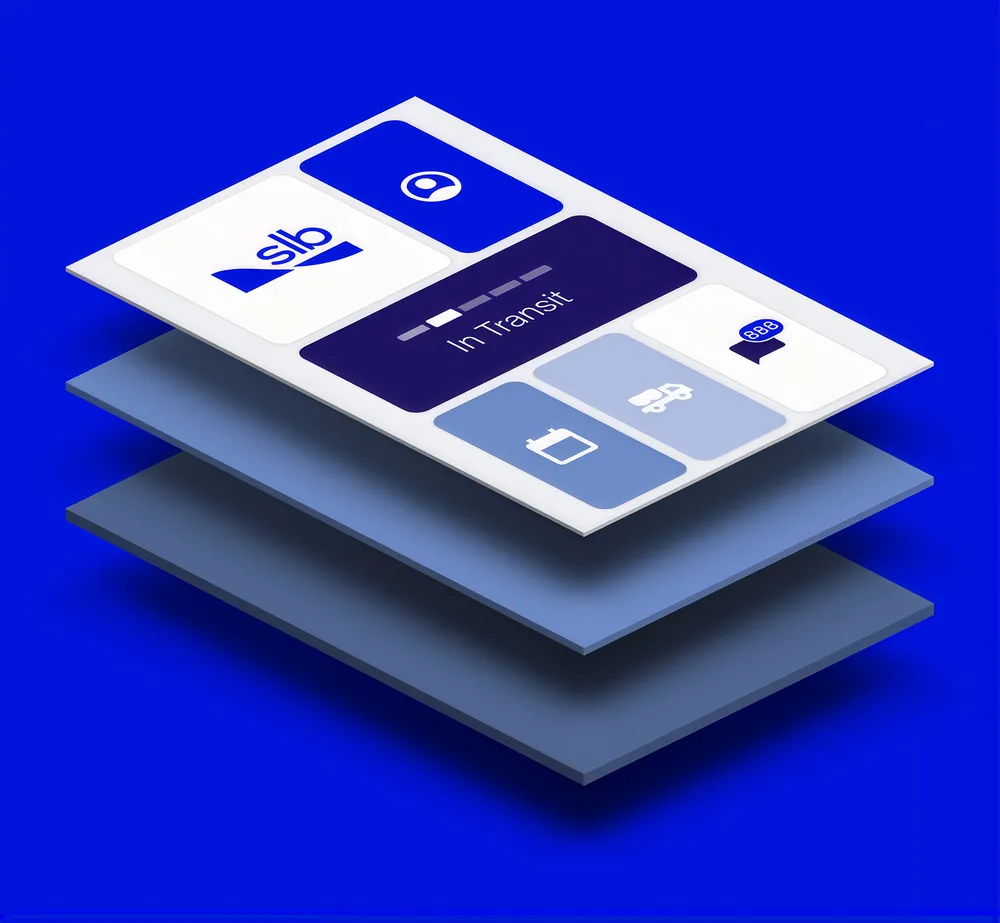 Layered isometric cards from the SLB Customer app, an In Transit delivery status rising off the stack.