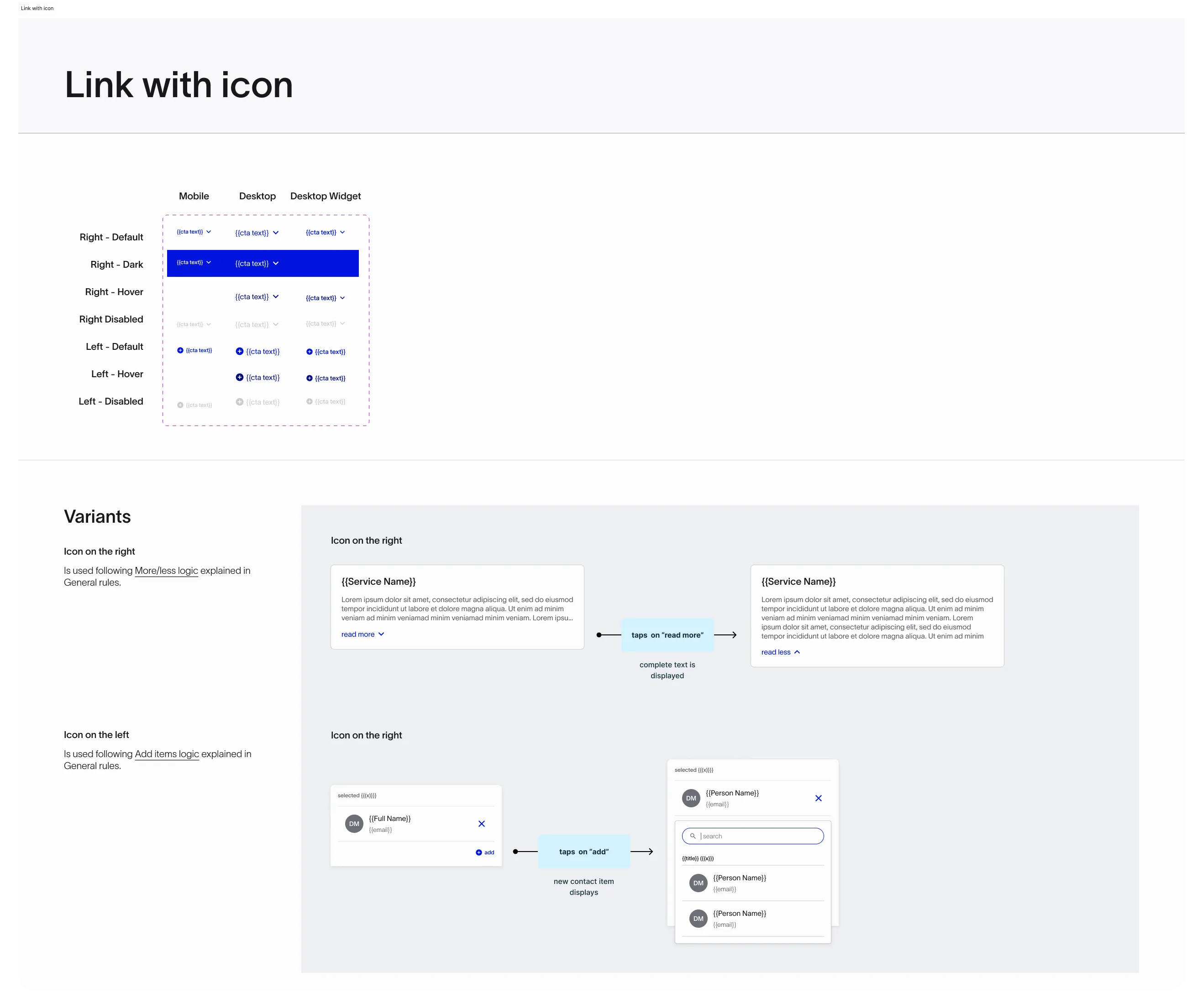 A component annotations example: a link with an icon, documented for the team.