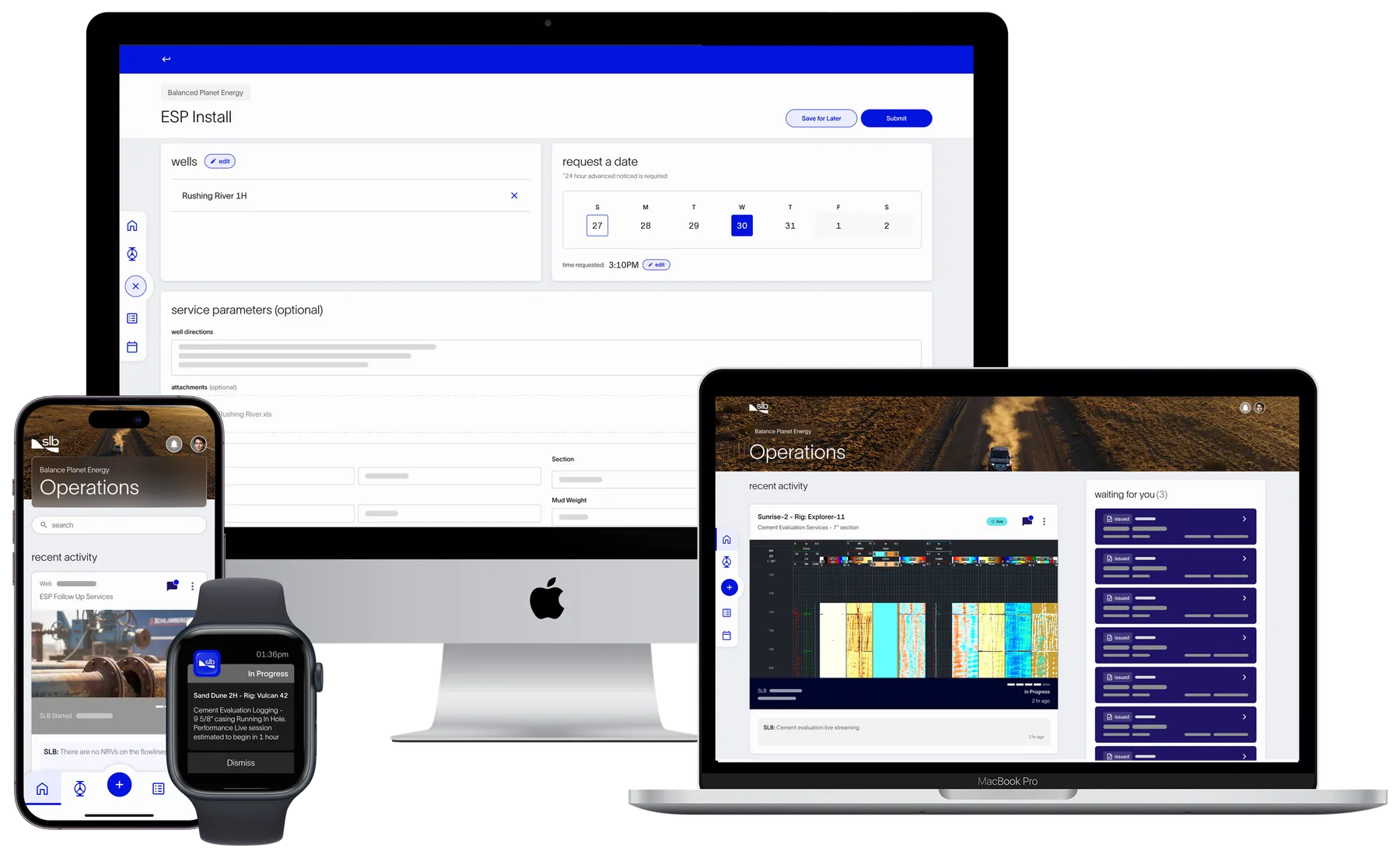 The SLB Customer platform across devices: a service request form on desktop, operations feeds on laptop and mobile, and an in-progress notification on a watch.