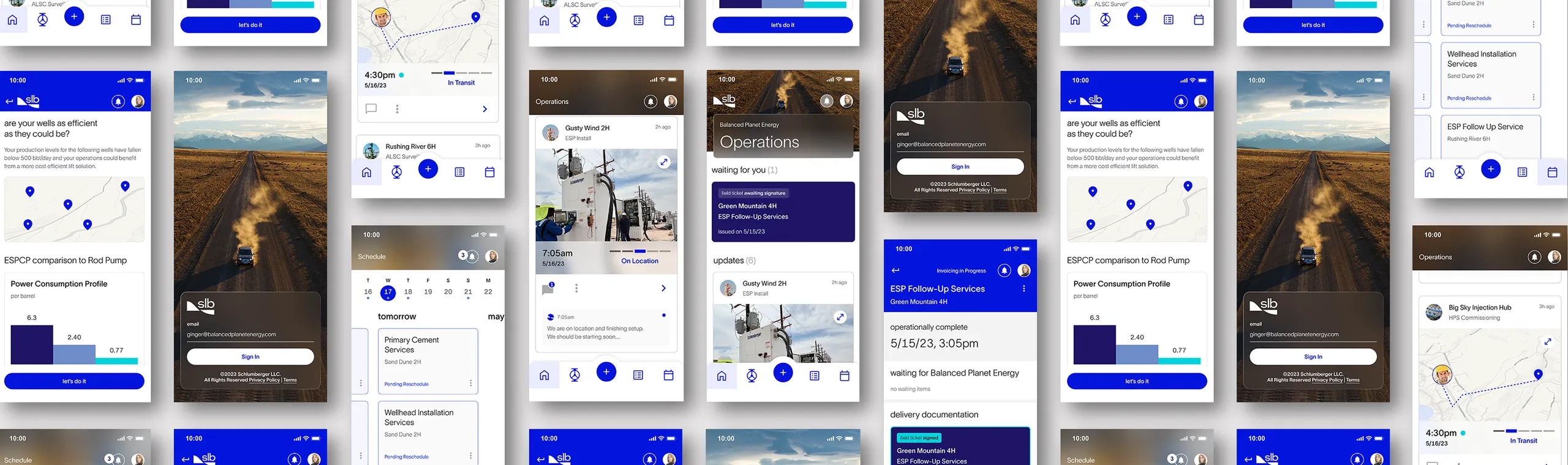 Dozens of SLB Customer app screens laid out side by side: sign in, operations feed, schedule, field tickets, routes in transit, and well production comparisons.