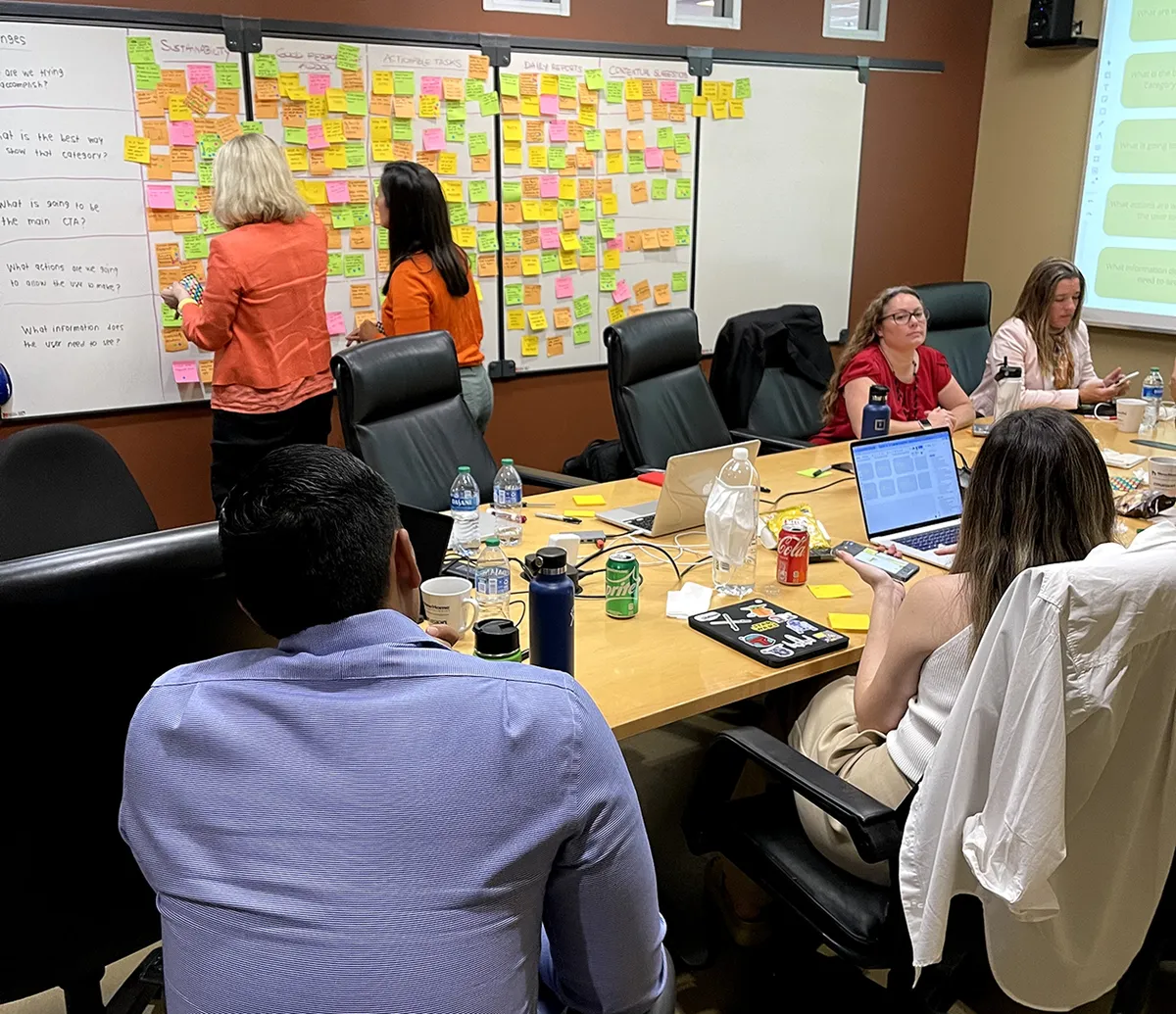 A workshop room with three whiteboards covered in sticky notes grouped by theme, two people adding notes while the team watches from the table.