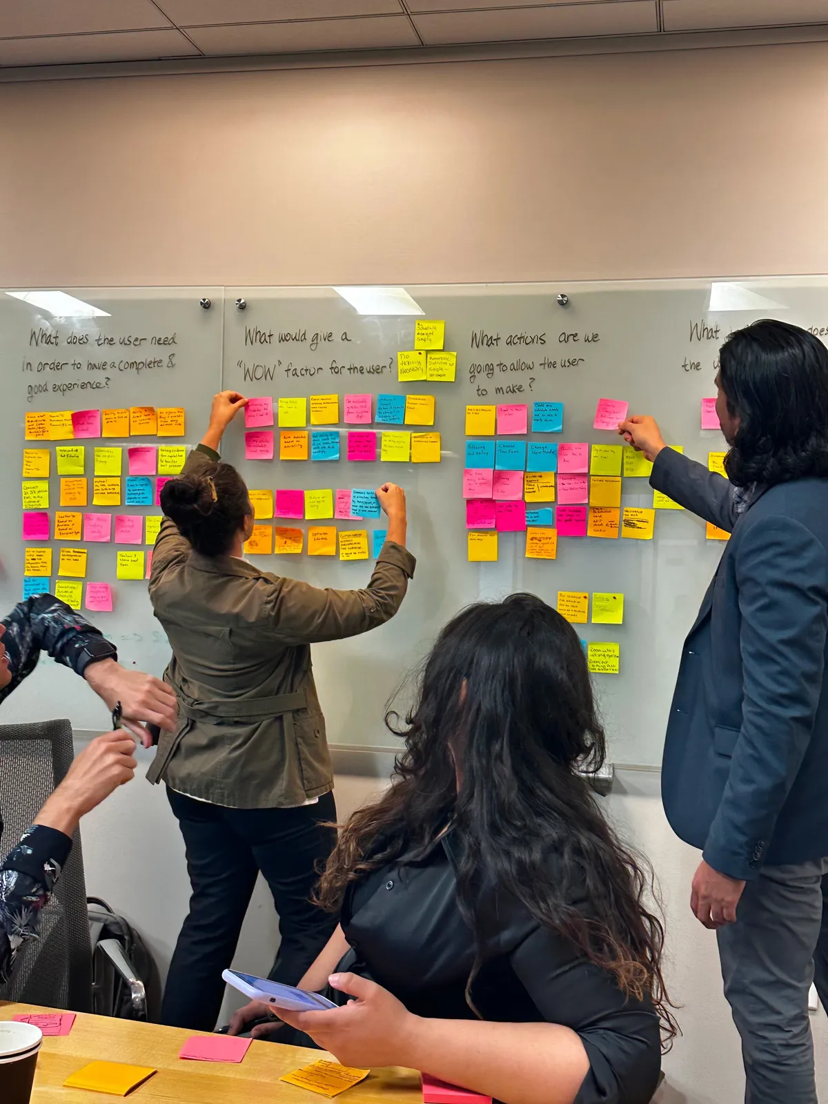 Glass boards with four questions written across the top, from what the user needs to what actions to allow, and two people placing sticky notes under each.